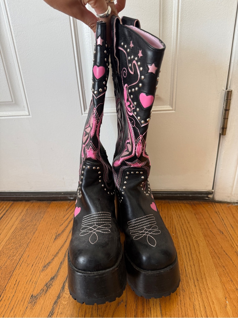 BRATZ x Dolls Kill Black and Pink Heart Embellished Platform Cowboy Boots
